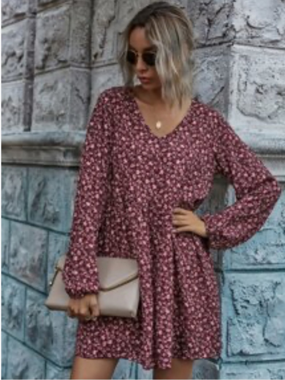 SHEIN Burgundy Floral V-Neck Long Sleeve Mini Dress